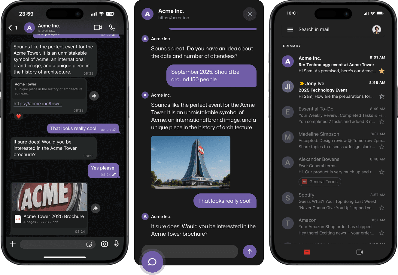 Examples of ExperienceAI on WhatsApp, web and e-mail