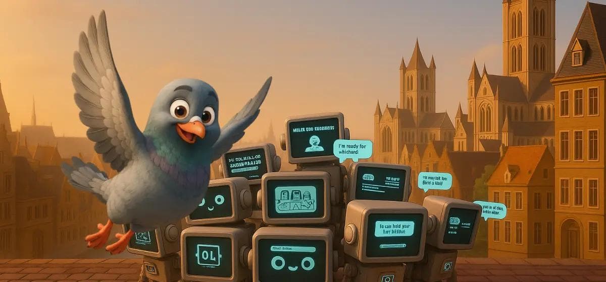 Image of Rudy the Pigeon flying next to a group of chatbots in Ghent, Belgium